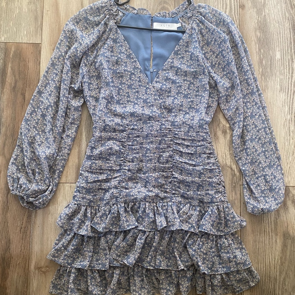 astr blue floral dress ASTR the Label | Palmero Floral Ruched Midi Dress in Blue Multi Floral main image 1